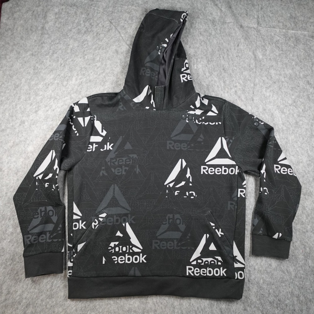 Reebok Hoodie Mens Extra Large Black White All‎ Over Logo Print Sweatshirt